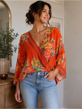 Flying Tomato Orange Floral Wrap Blouse